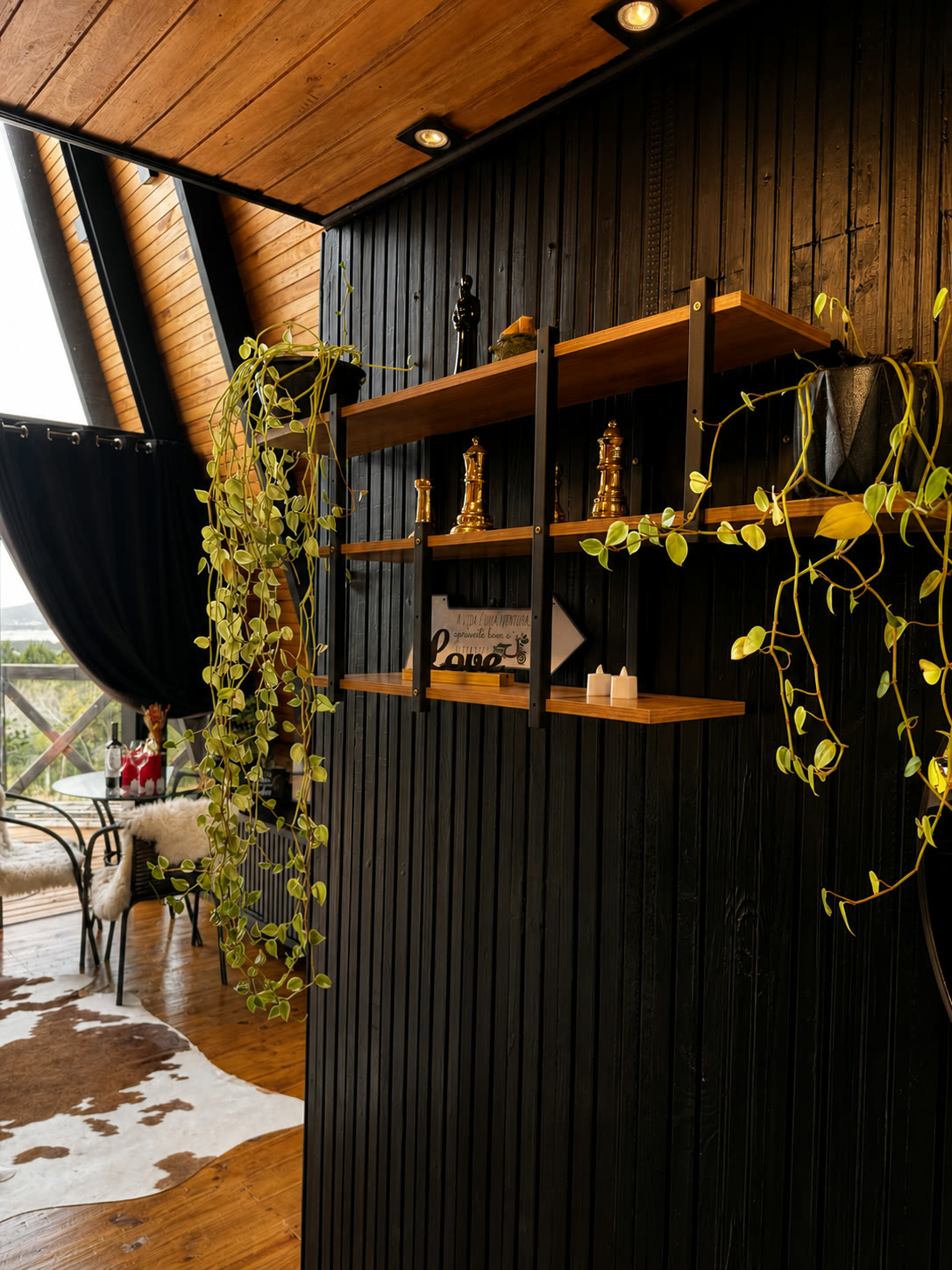 Estantes de madeira com plantas pendentes na parede escura